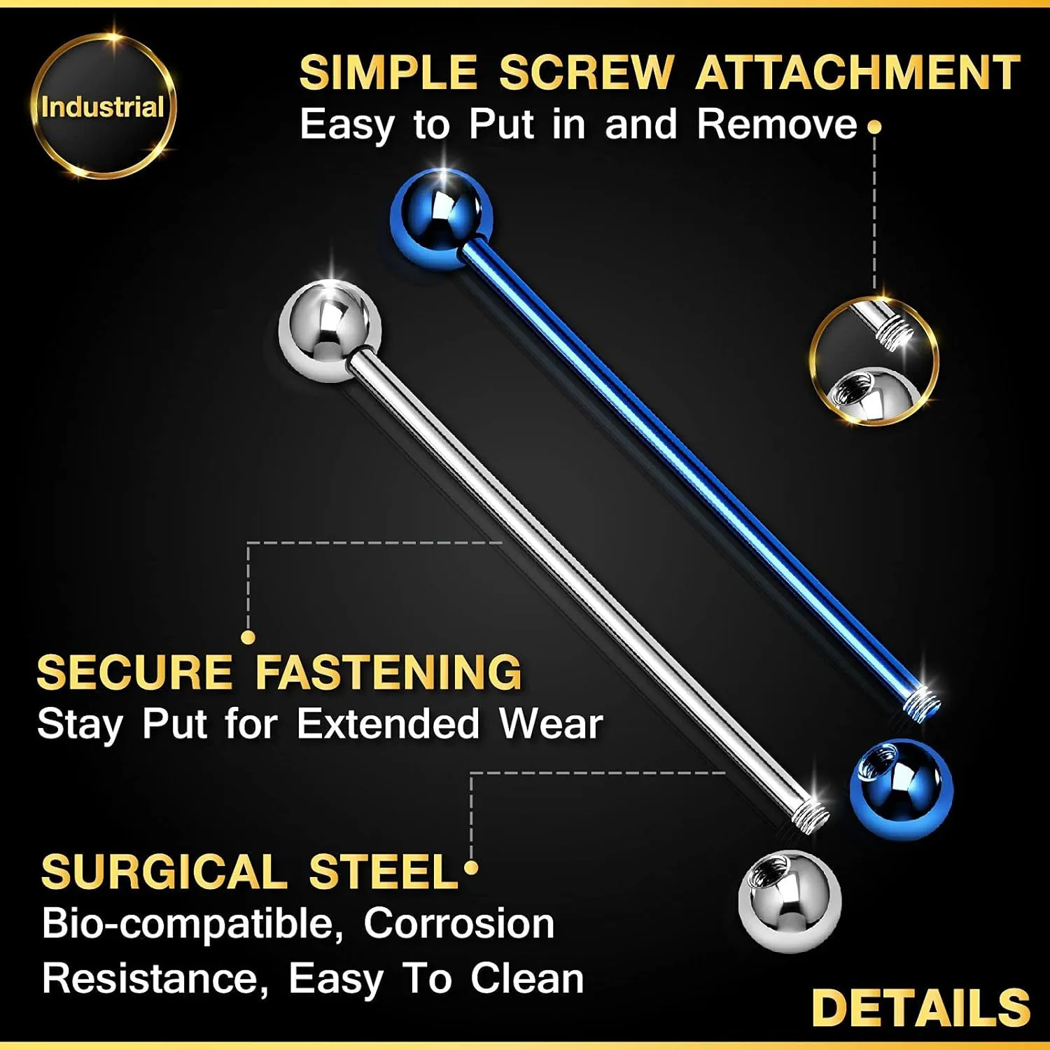 KJM FASHION 2PCS Stainless Steel Industrial Barbell Stud Scaffolding 14 Gauge 1 1/2 38mm 5mm Ball Earring Piercing Jewelry View More Colors