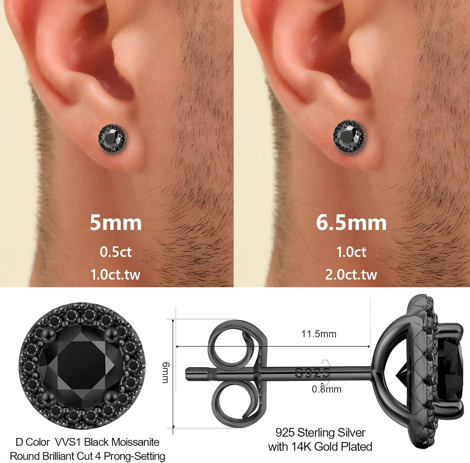 KRKC Black Moissanite Stud Earrings for Men, D Color VVS1 Clarity, Lab Created Diamond Earrings, Vermeil 925 Sterling Silver Hypoallergenic 14K Black Gold Friction Back Earrings Jewelry for Men Women Gift