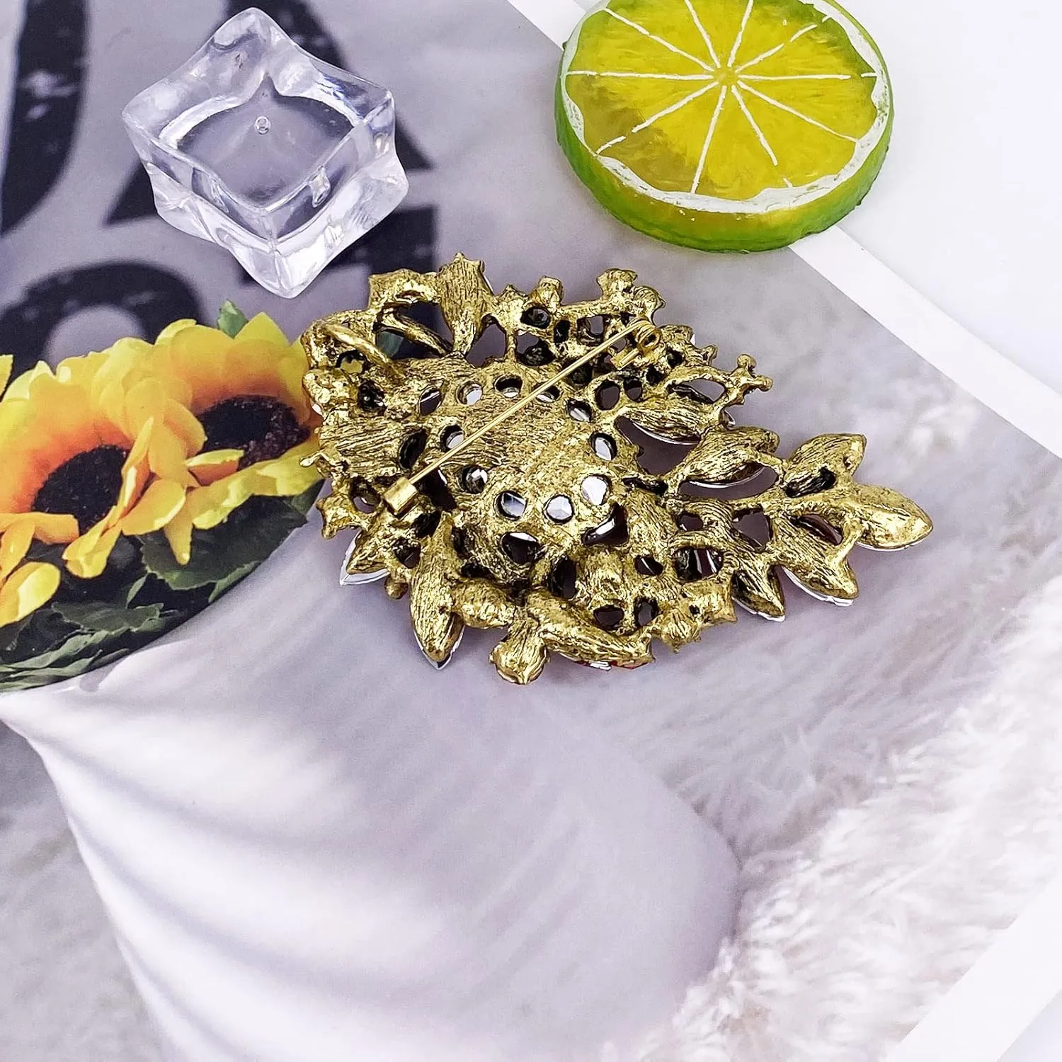 LAXPICOL Vintage Sparkly Austrian Crystal Flower Leaf Bouquet Clusters Big Large Brooch Pin for Women Gold Tone