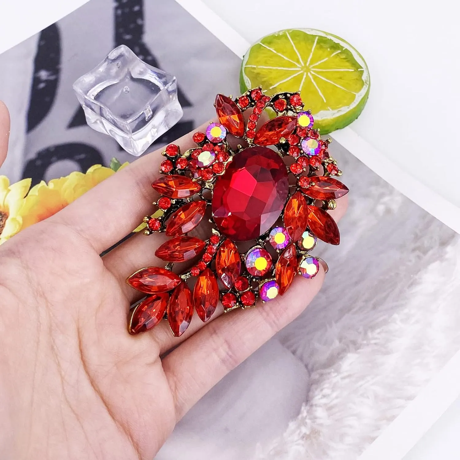 LAXPICOL Vintage Sparkly Austrian Crystal Flower Leaf Bouquet Clusters Big Large Brooch Pin for Women Gold Tone