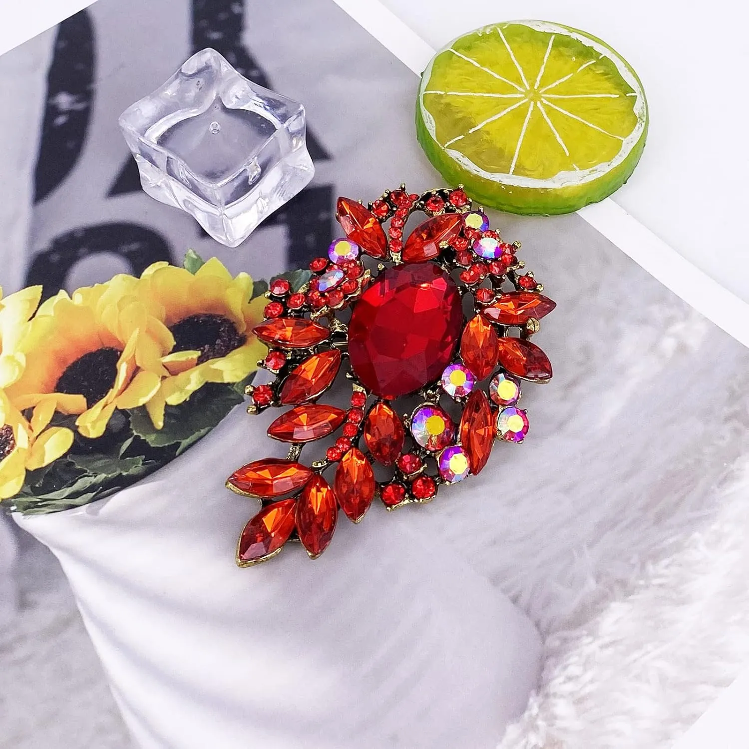 LAXPICOL Vintage Sparkly Austrian Crystal Flower Leaf Bouquet Clusters Big Large Brooch Pin for Women Gold Tone