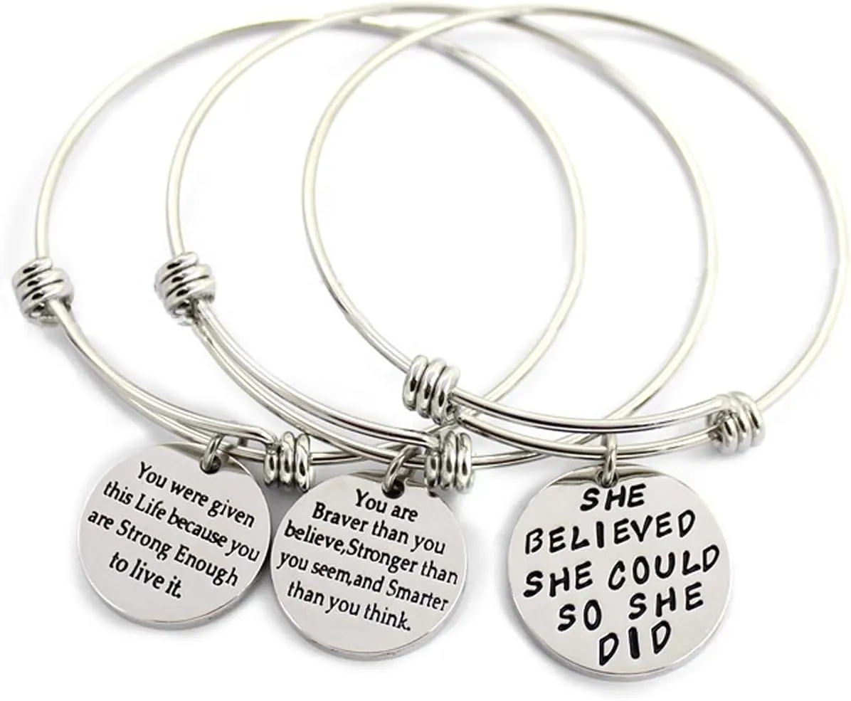 L.Beautiful 3 Pack Women Engraved Message Inspirational Words Round Charm Bracelets Set Expandable Silver Plated Stainless Steel Motivational Bangle Bracelet with Gift Box