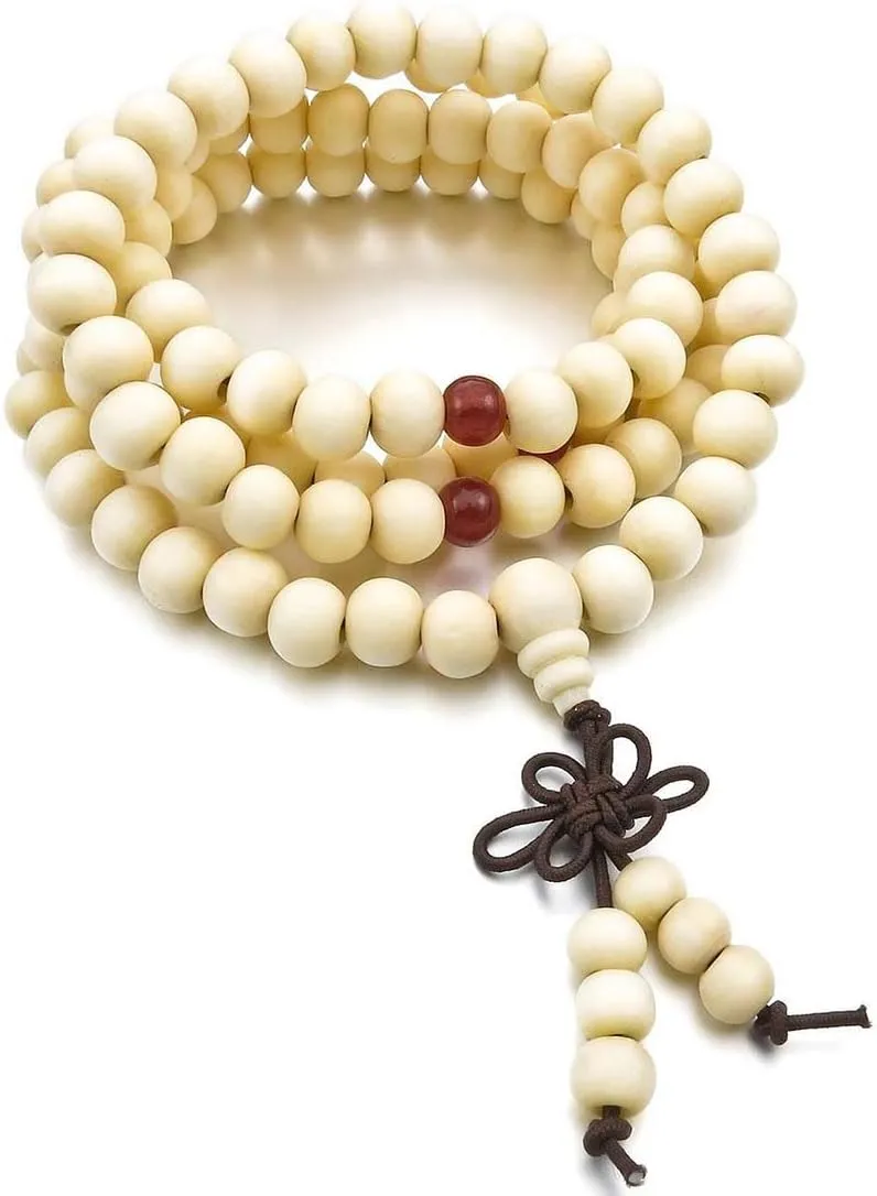 LEVINE HandstringWooden bracelets,8 mm Tibetan Buddhist Bead Prayer Necklace Wooden Bead Bracelet 108 Pieces Buddhist Beads for Men and Women  White, Wood