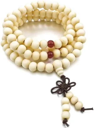 LEVINE HandstringWooden bracelets,8 mm Tibetan Buddhist Bead Prayer Necklace Wooden Bead Bracelet 108 Pieces Buddhist Beads for Men and Women  White, Wood