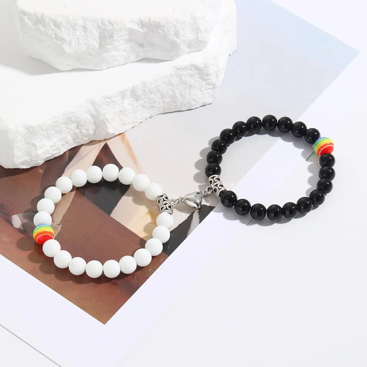 LGBT Natural Stone Bead Lesbian Gay Couple Matching Pride Bracelet Handmade Adjustable Rainbow Gemstone Beaded Stretch Bracelets for Men Women Yoga Friendship Jewelry