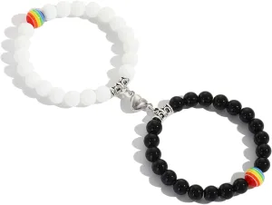 LGBT Natural Stone Bead Lesbian Gay Couple Matching Pride Bracelet Handmade Adjustable Rainbow Gemstone Beaded Stretch Bracelets for Men Women Yoga Friendship Jewelry