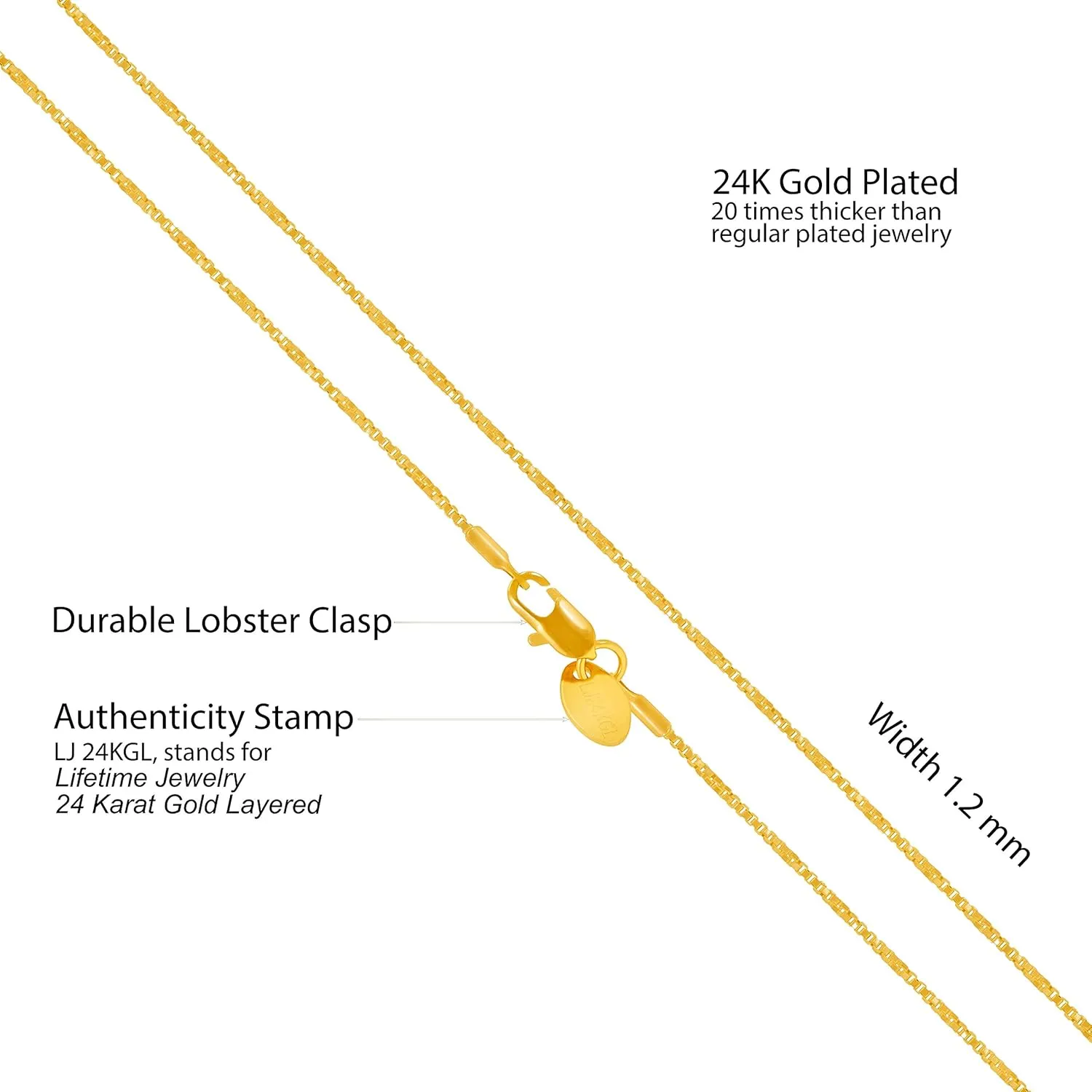 LIFETIME JEWELRY 1.2mm Twisted Box Chain Necklace for Women & Men 24k Gold Plated