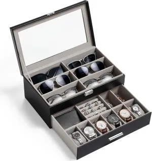 Lifewit 2- layer Sunglasses Organizer with Glass Lid, 6 Slots eyeswear Holder, 6 Slots Watch box, Spaces for Rings, Brooch, Tie Clip, Multiple Eyeglasses Display Case for Men, Gift Idea, Inky Black