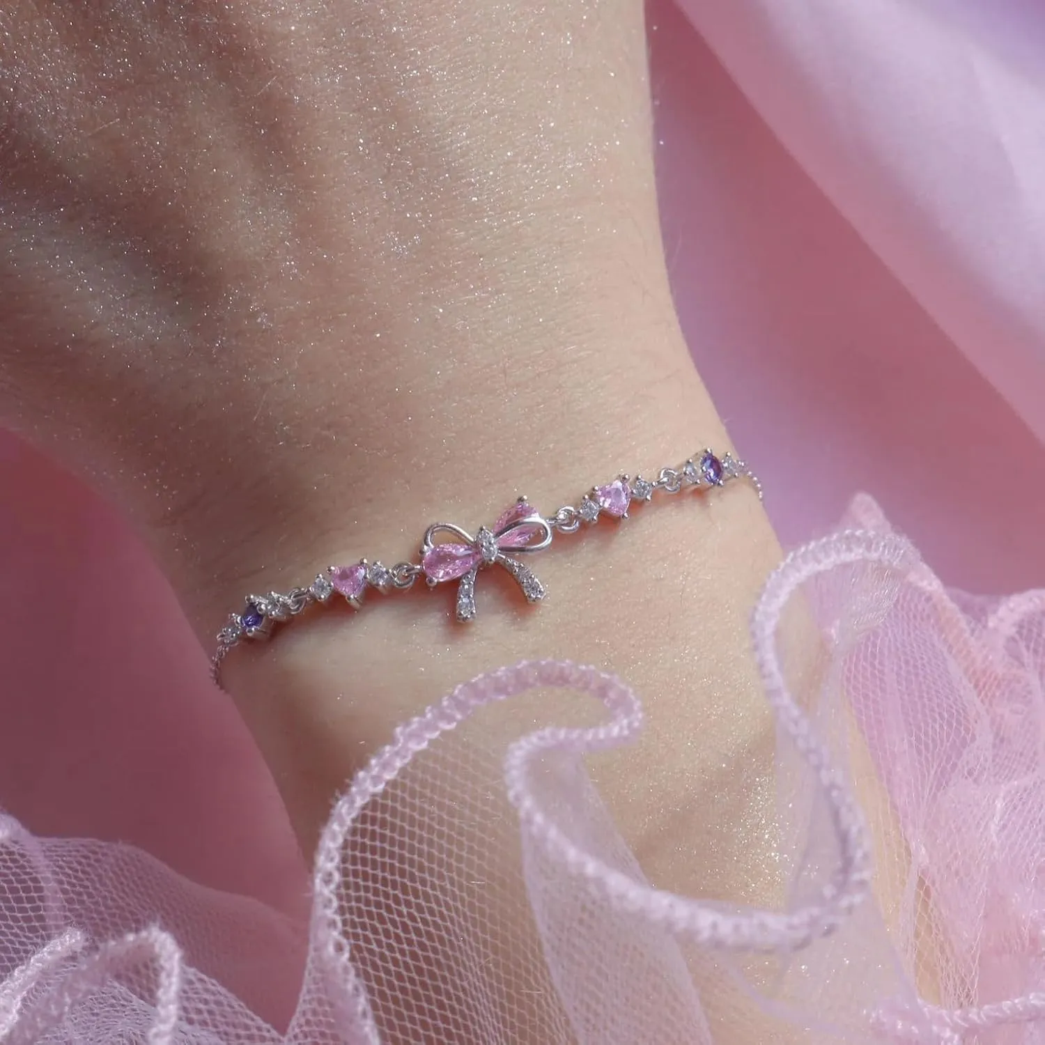LIU JUN Bow Zircon Bracelet - Friendship is Like a Bow, Adjustable Best Friends Ribbon Heart CZ Bestie Charm Gift Jewelry For Women