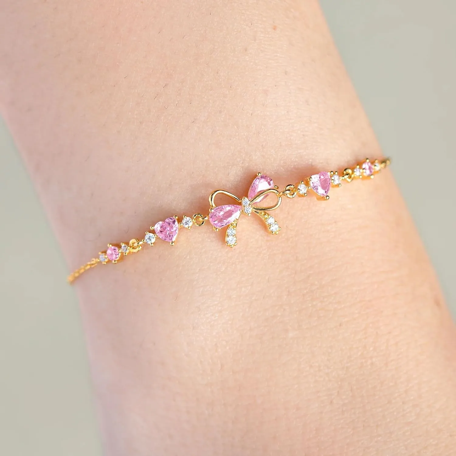 LIU JUN Bow Zircon Bracelet - Friendship is Like a Bow, Adjustable Best Friends Ribbon Heart CZ Bestie Charm Gift Jewelry For Women