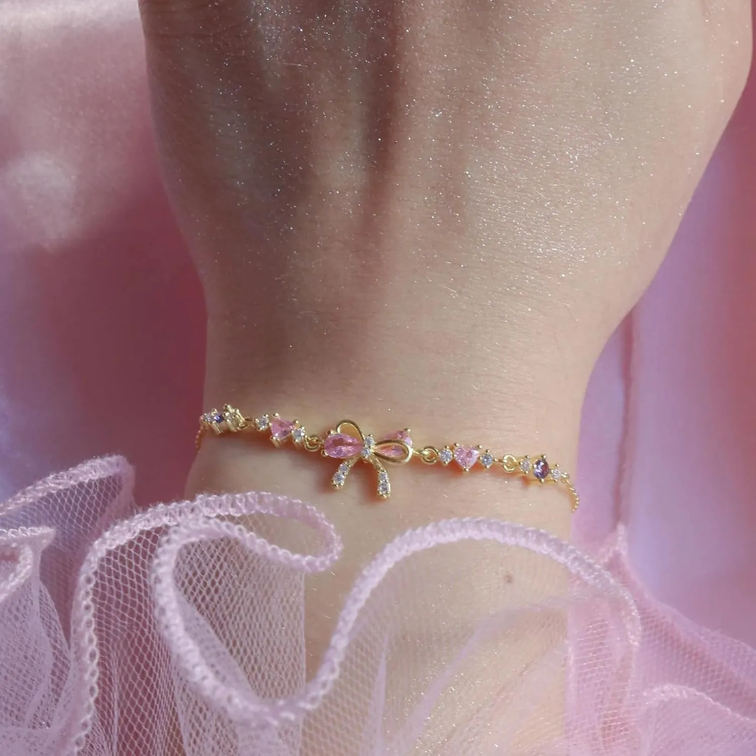 LIU JUN Bow Zircon Bracelet - Friendship is Like a Bow, Adjustable Best Friends Ribbon Heart CZ Bestie Charm Gift Jewelry For Women