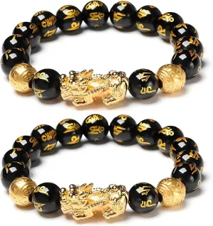 LIU JUN Fengshui Wealth And Luck Bracelet, Feng Shui Pixiu Black Obsidian Prosperity Buddha Beads Elastic Bracelets Wealthy For Women Men Jewelry Gifts
