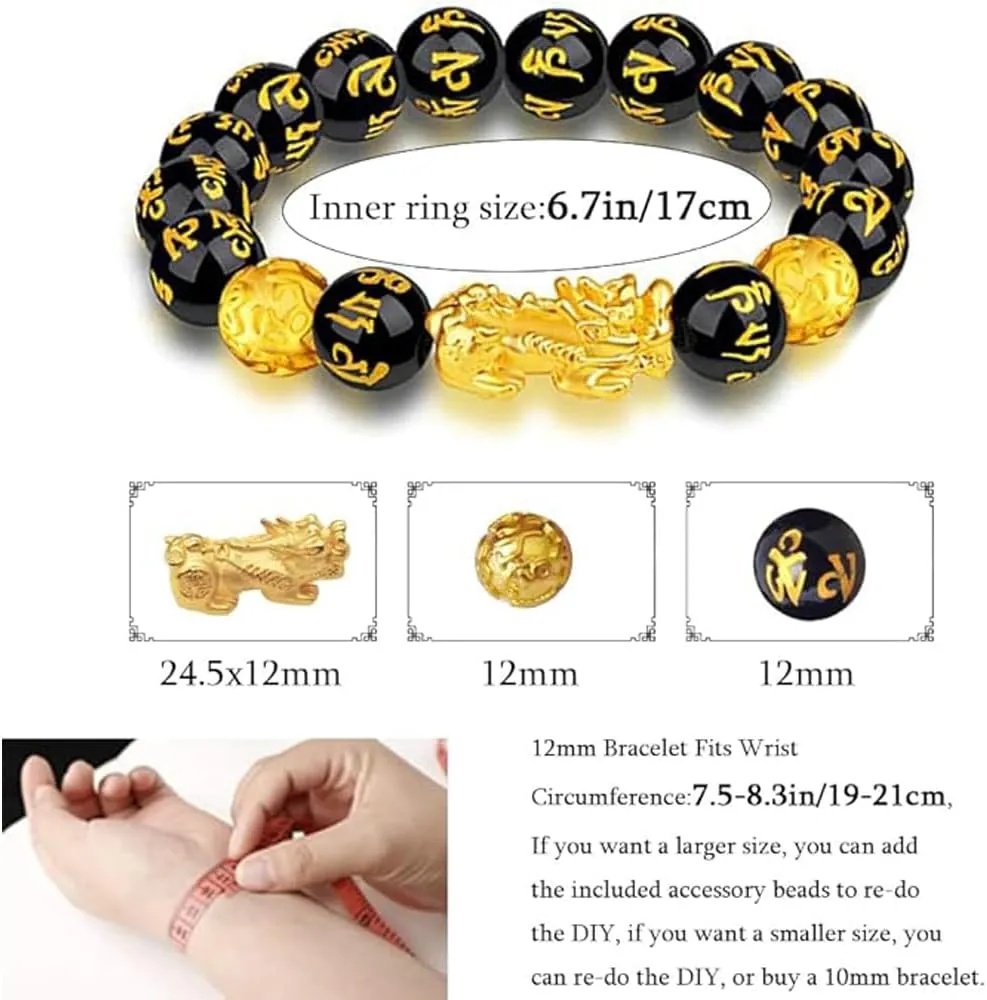 LIU JUN Fengshui Wealth And Luck Bracelet, Feng Shui Pixiu Black Obsidian Prosperity Buddha Beads Elastic Bracelets Wealthy For Women Men Jewelry Gifts