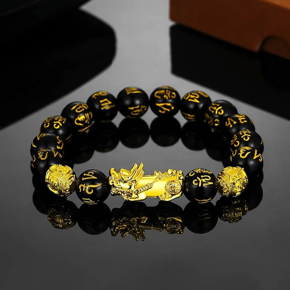 LIU JUN Fengshui Wealth And Luck Bracelet, Feng Shui Pixiu Black Obsidian Prosperity Buddha Beads Elastic Bracelets Wealthy For Women Men Jewelry Gifts