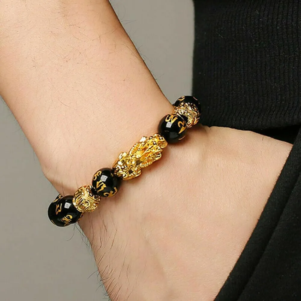 LIU JUN Fengshui Wealth And Luck Bracelet, Feng Shui Pixiu Black Obsidian Prosperity Buddha Beads Elastic Bracelets Wealthy For Women Men Jewelry Gifts