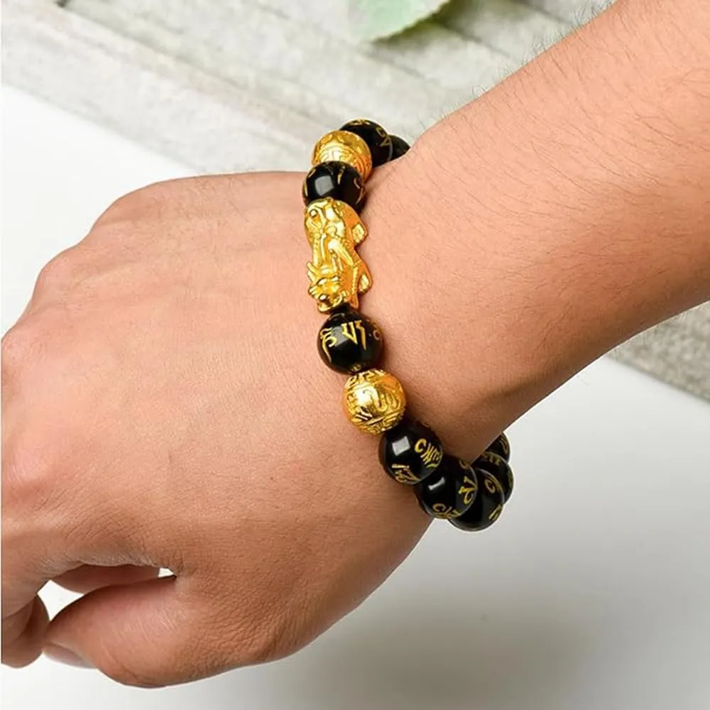 LIU JUN Fengshui Wealth And Luck Bracelet, Feng Shui Pixiu Black Obsidian Prosperity Buddha Beads Elastic Bracelets Wealthy For Women Men Jewelry Gifts