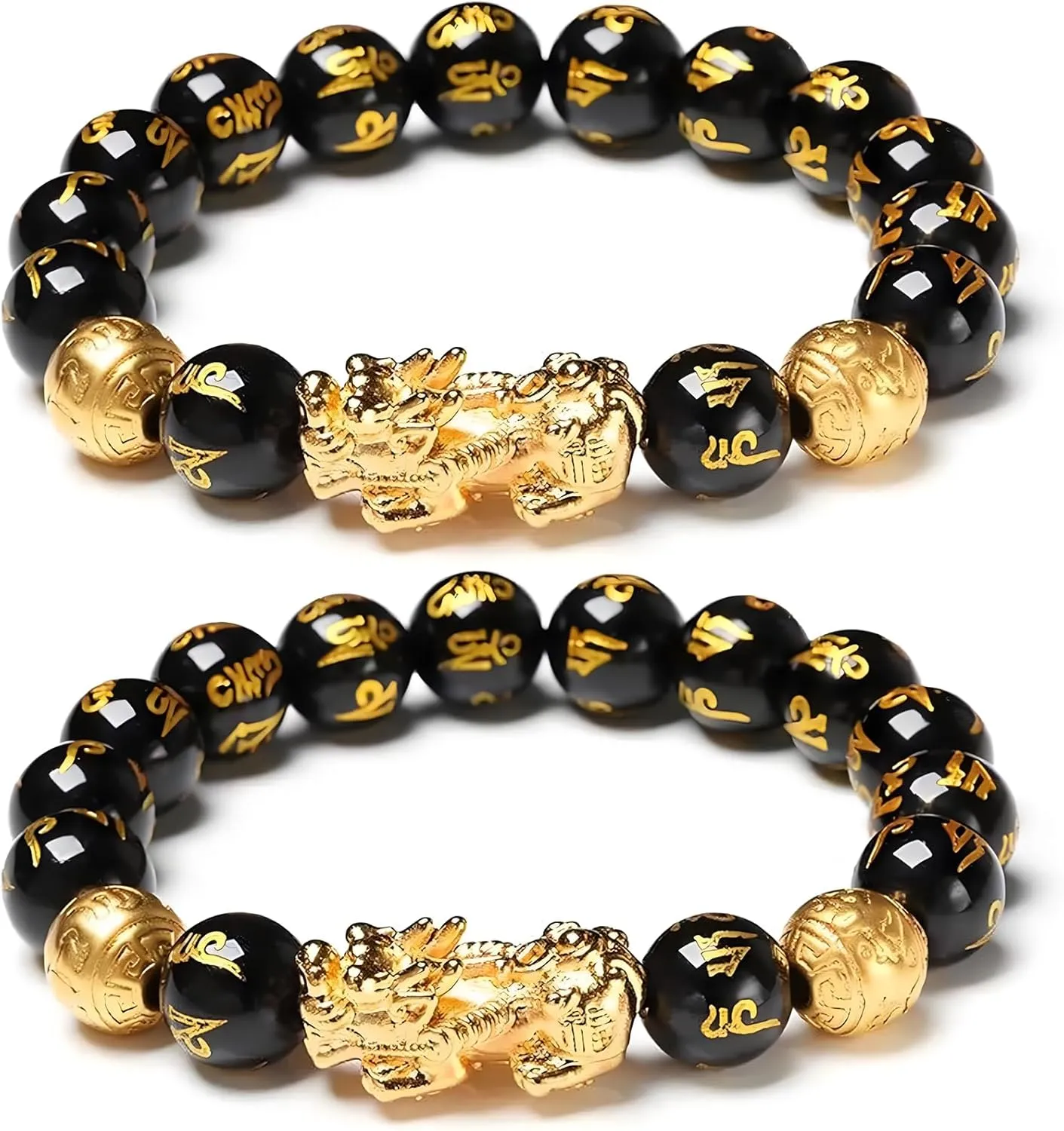 LIU JUN Fengshui Wealth And Luck Bracelet, Feng Shui Pixiu Black Obsidian Prosperity Buddha Beads Elastic Bracelets Wealthy For Women Men Jewelry Gifts