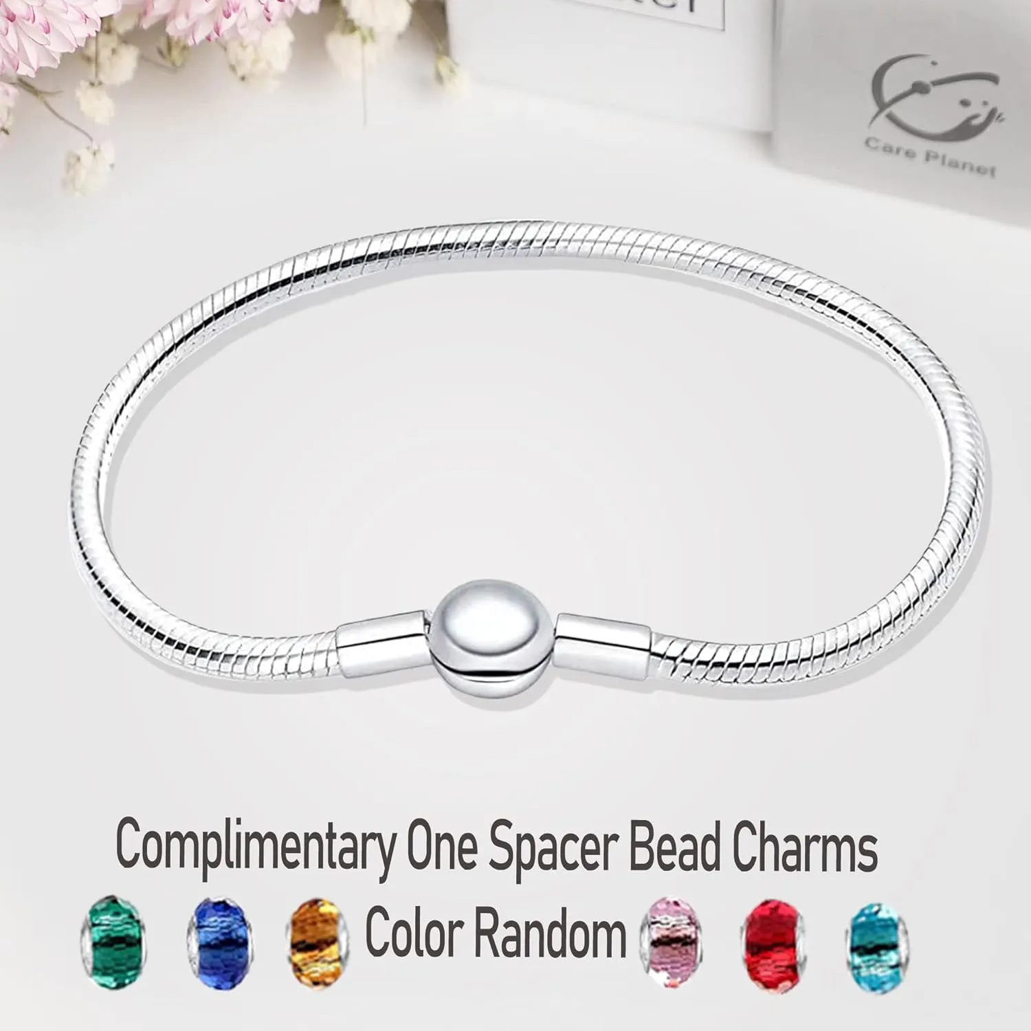 LNQOBU 925 Sterling Silver Snake Chain Bracelet Glossy Women Charm Bracelets for Mother's Day Gift(With one Spacer Beads)
