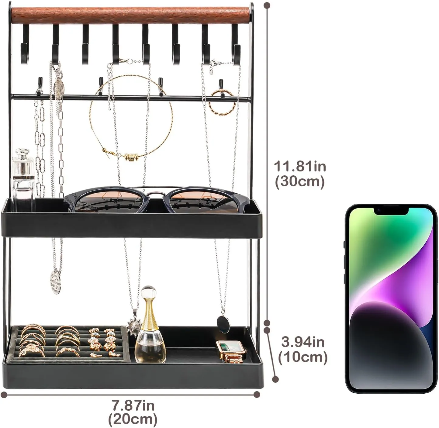 Lolalet 4-Tier Jewelry Organizer, Cute Necklace Holder Stand with 12 Hooks for Teen Girl Aesthetic Room Bedroom Decor -Black