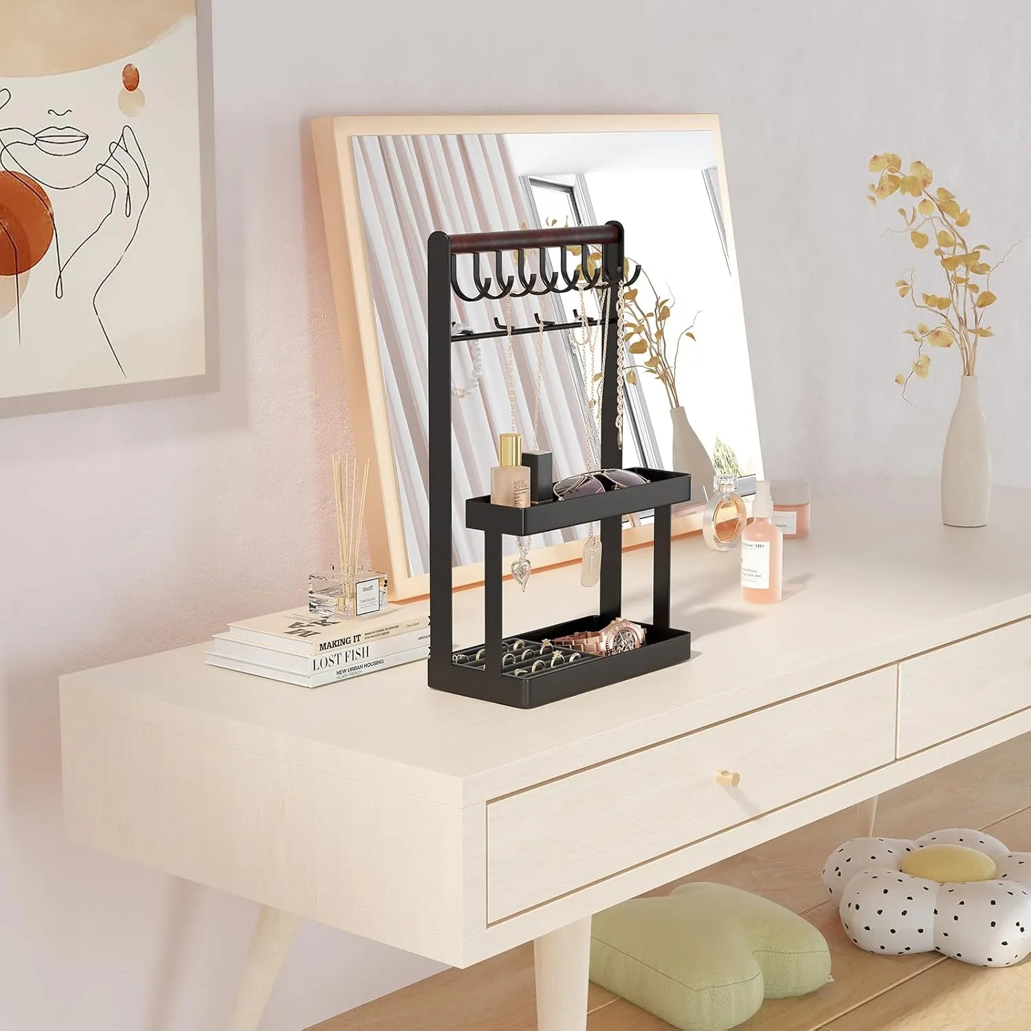 Lolalet 4-Tier Jewelry Organizer, Cute Necklace Holder Stand with 12 Hooks for Teen Girl Aesthetic Room Bedroom Decor -Black