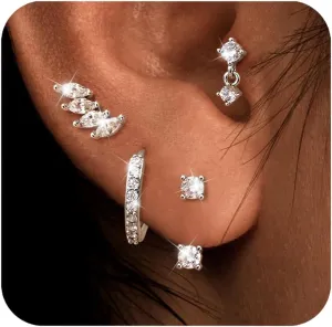 LOLIAS 4 Pairs 14K Gold Stud Earrings for Women - Dainty Hypoallergenic Flat Back Cartilage Earring Sets for Multiple Piercing - Silver Gold Small Dangle Huggie Hoop Stud Earrings Stacks