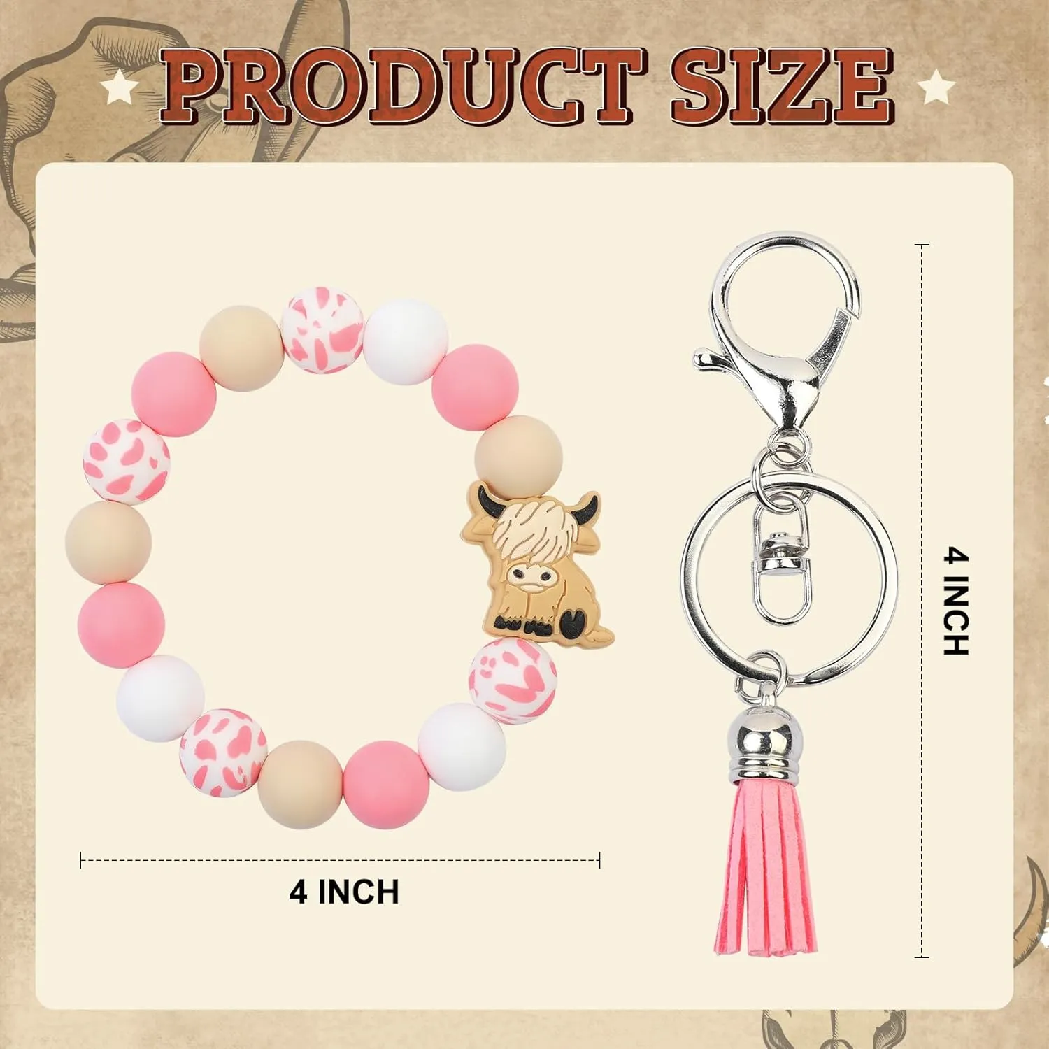 LONAI Highland Cow Wristlet Keaychain for Women, Silicone Cow Print Beaded Bracelet Keychains