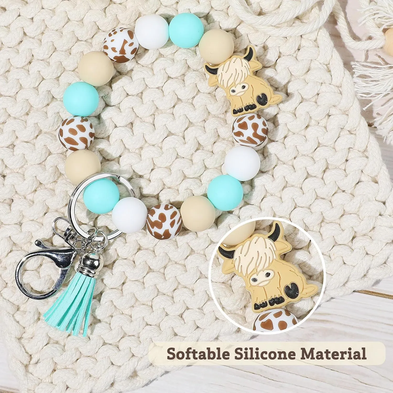 LONAI Highland Cow Wristlet Keaychain for Women, Silicone Cow Print Beaded Bracelet Keychains