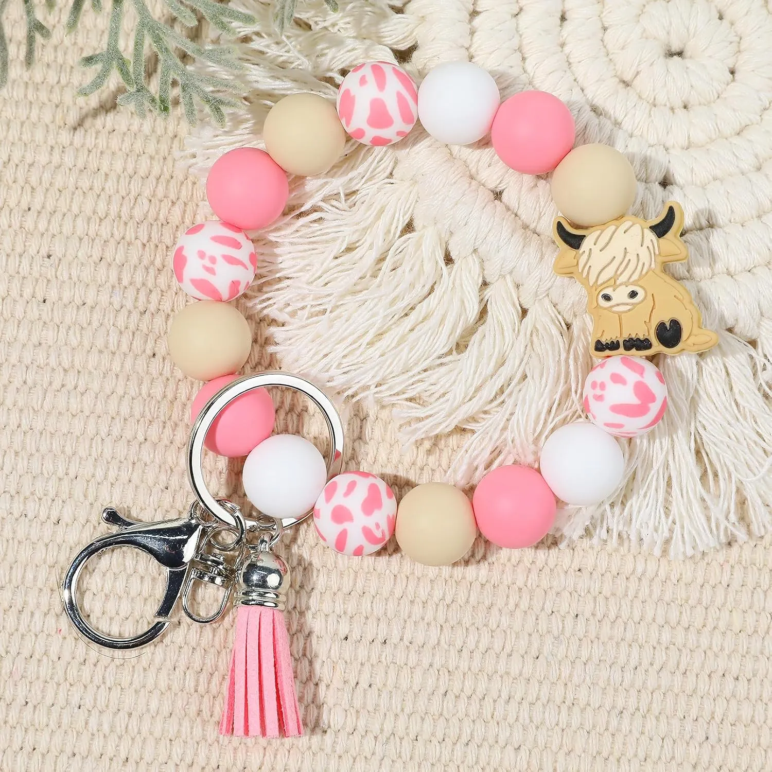LONAI Highland Cow Wristlet Keaychain for Women, Silicone Cow Print Beaded Bracelet Keychains