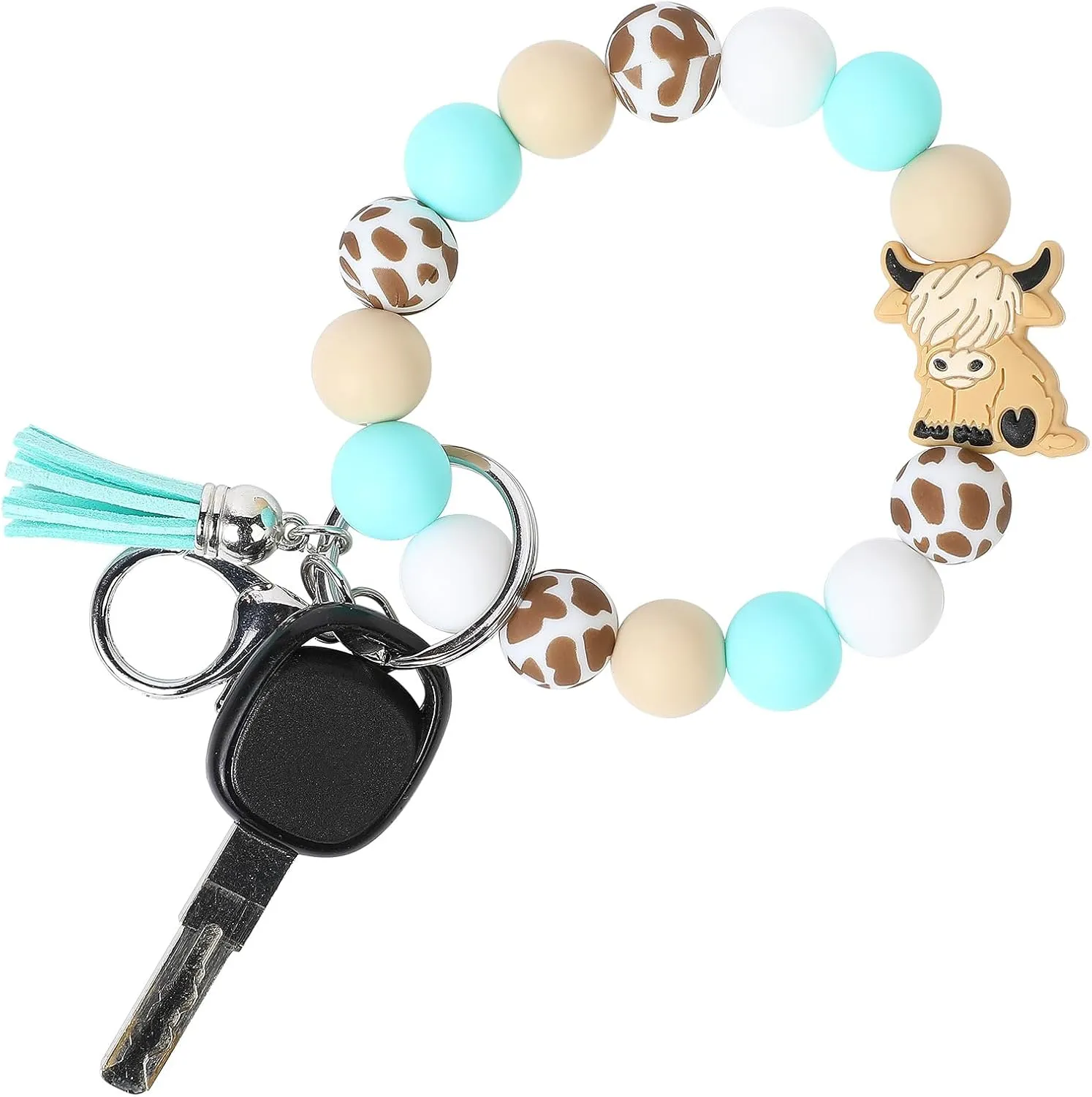 LONAI Highland Cow Wristlet Keaychain for Women, Silicone Cow Print Beaded Bracelet Keychains