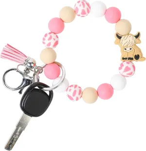 LONAI Highland Cow Wristlet Keaychain for Women, Silicone Cow Print Beaded Bracelet Keychains