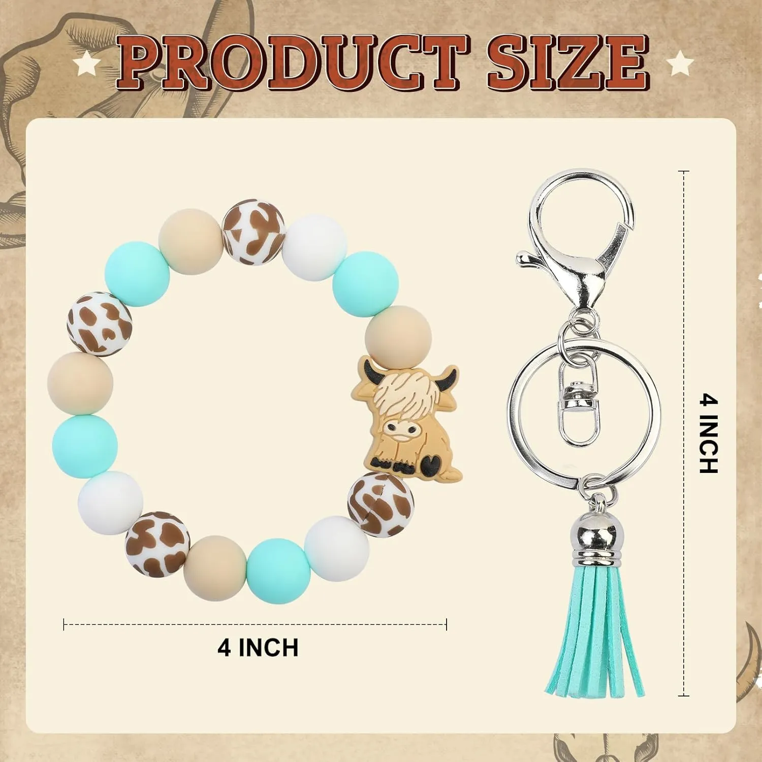LONAI Highland Cow Wristlet Keaychain for Women, Silicone Cow Print Beaded Bracelet Keychains