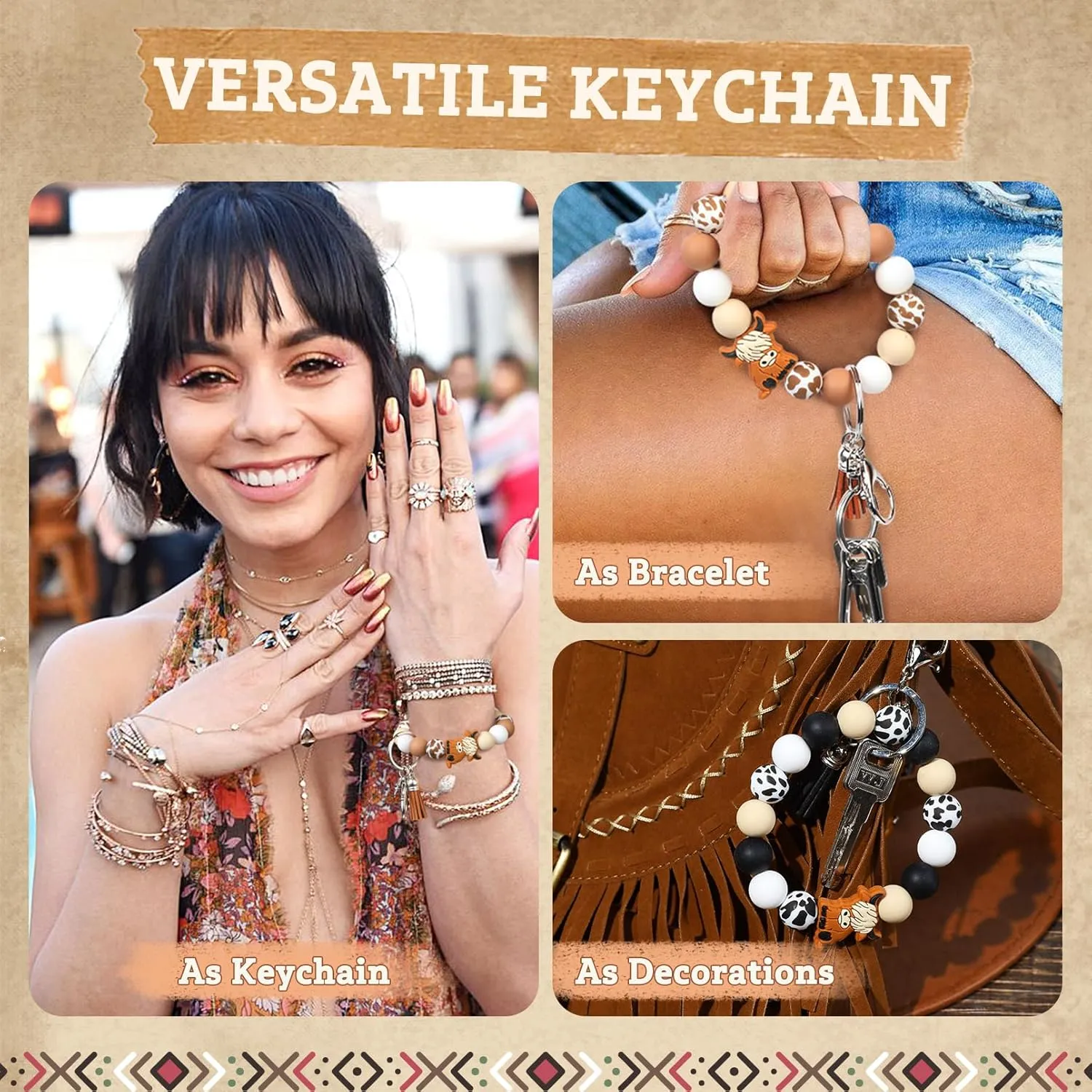 LONAI Highland Cow Wristlet Keaychain for Women, Silicone Cow Print Beaded Bracelet Keychains
