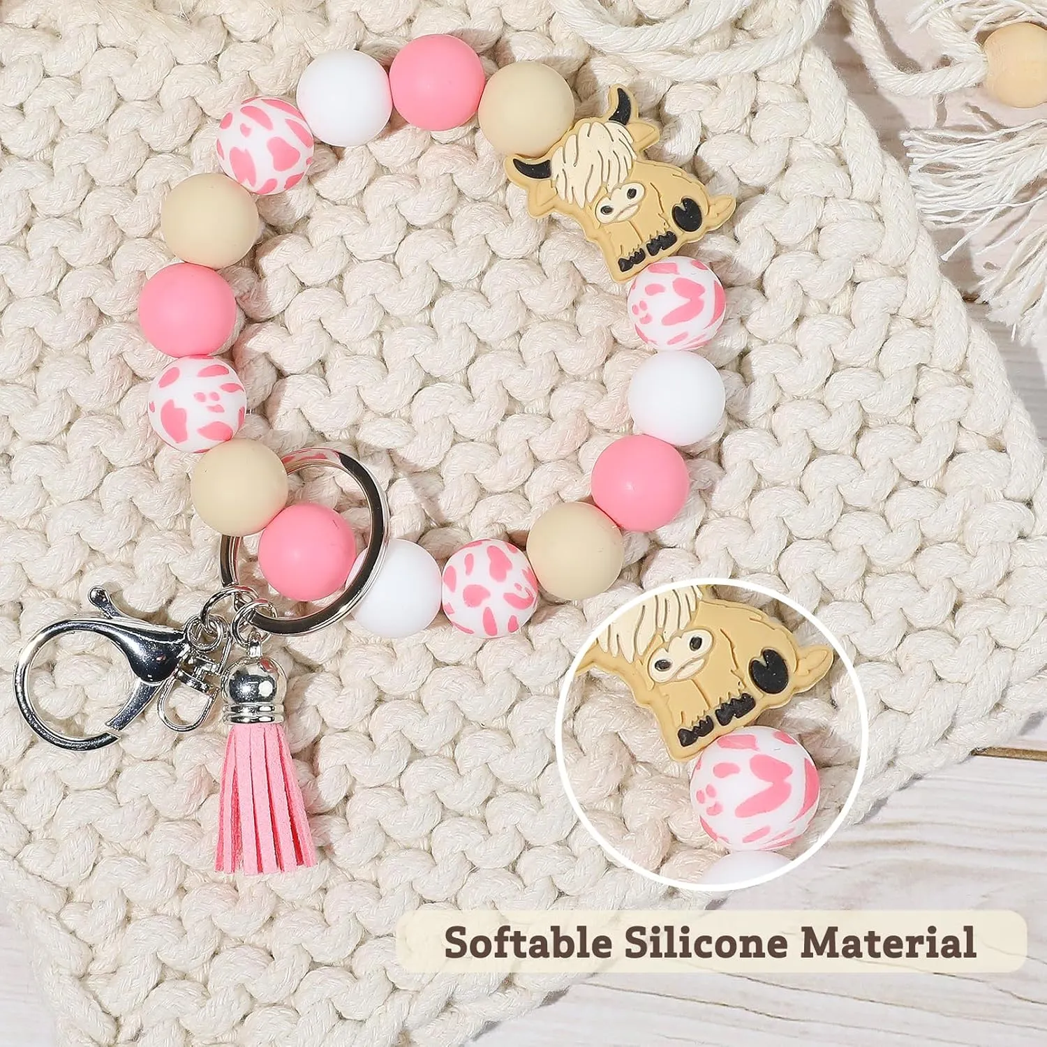 LONAI Highland Cow Wristlet Keaychain for Women, Silicone Cow Print Beaded Bracelet Keychains