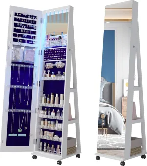 Lvifur 360 Rotating 64'' Jewelry Armoire with 6 LEDS, Full Length Mirror Large Capacity Jewelry Organizer Armoire, Lockable Floor Standing Mirror with 4 rollers for Bedroom, Cloakroom