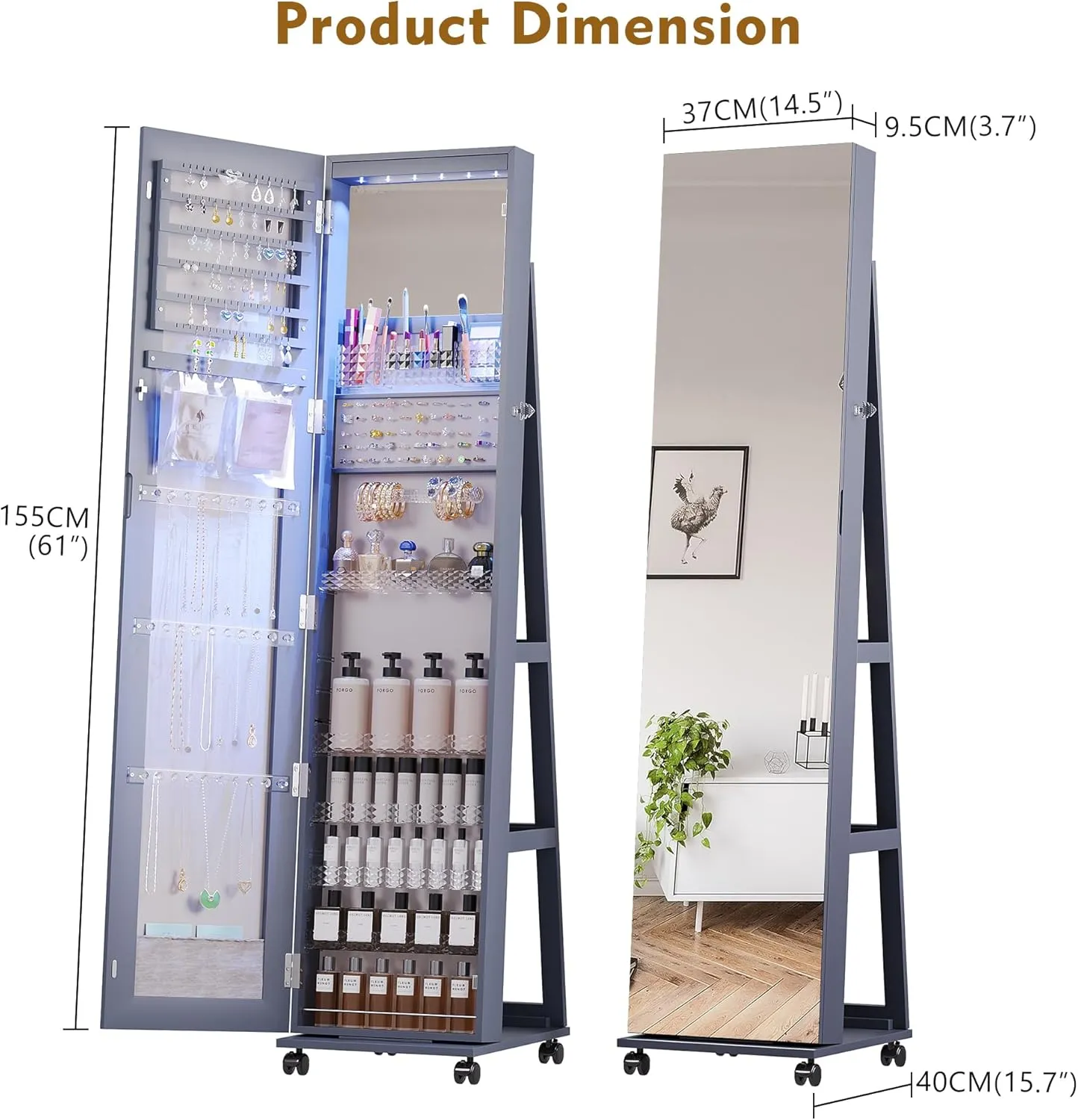 Lvifur 360 Rotating 64'' Jewelry Armoire with 6 LEDS, Full Length Mirror Large Capacity Jewelry Organizer Armoire, Lockable Floor Standing Mirror with 4 rollers for Bedroom, Cloakroom