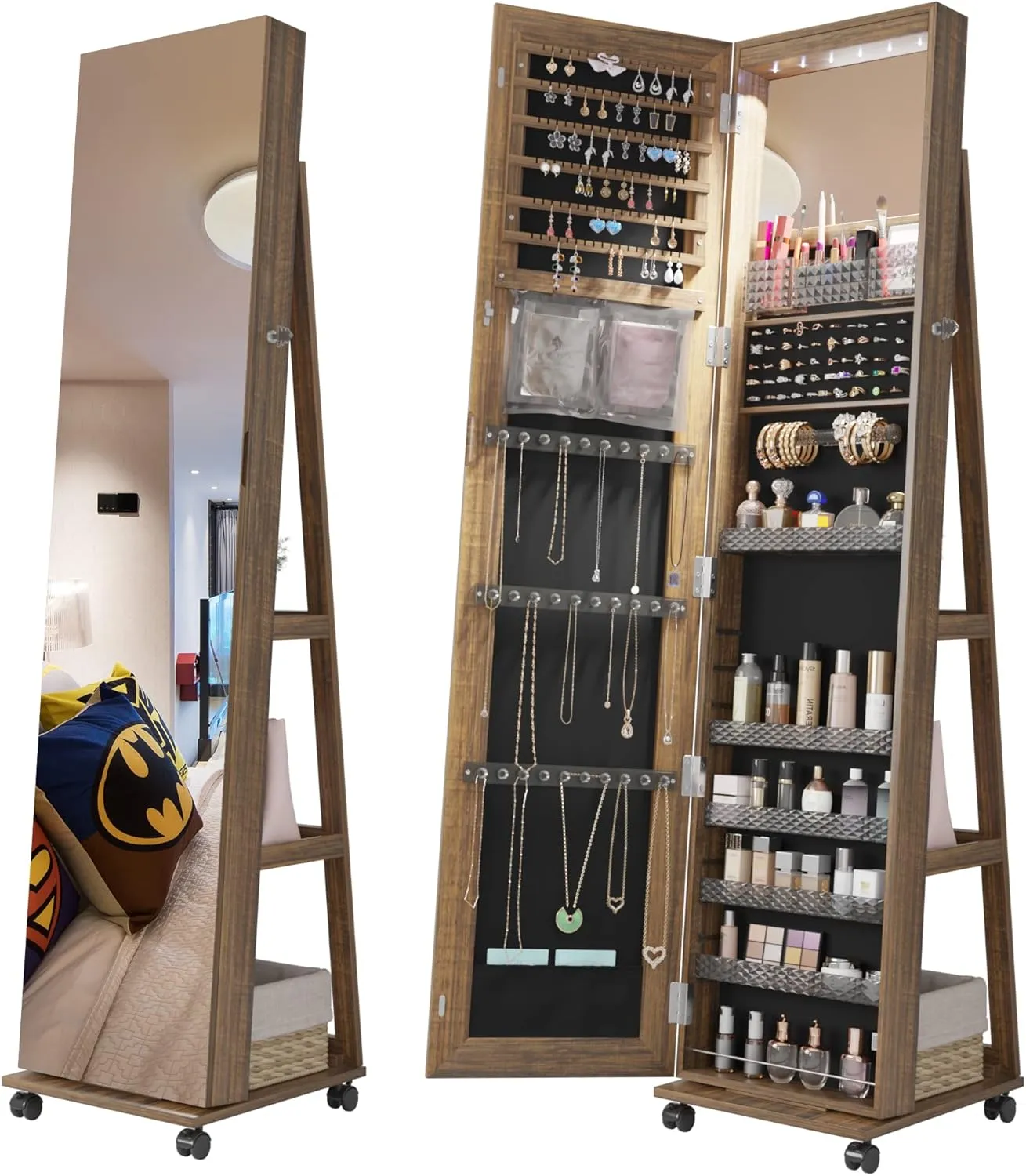 Lvifur 360 Rotating 64'' Jewelry Armoire with 6 LEDS, Full Length Mirror Large Capacity Jewelry Organizer Armoire, Lockable Floor Standing Mirror with 4 rollers for Bedroom, Cloakroom