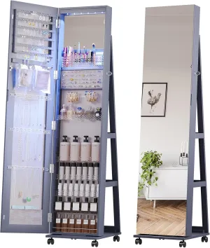 Lvifur 360 Rotating 64'' Jewelry Armoire with 6 LEDS, Full Length Mirror Large Capacity Jewelry Organizer Armoire, Lockable Floor Standing Mirror with 4 rollers for Bedroom, Cloakroom