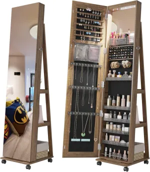 Lvifur 360 Rotating 64'' Jewelry Armoire with 6 LEDS, Full Length Mirror Large Capacity Jewelry Organizer Armoire, Lockable Floor Standing Mirror with 4 rollers for Bedroom, Cloakroom