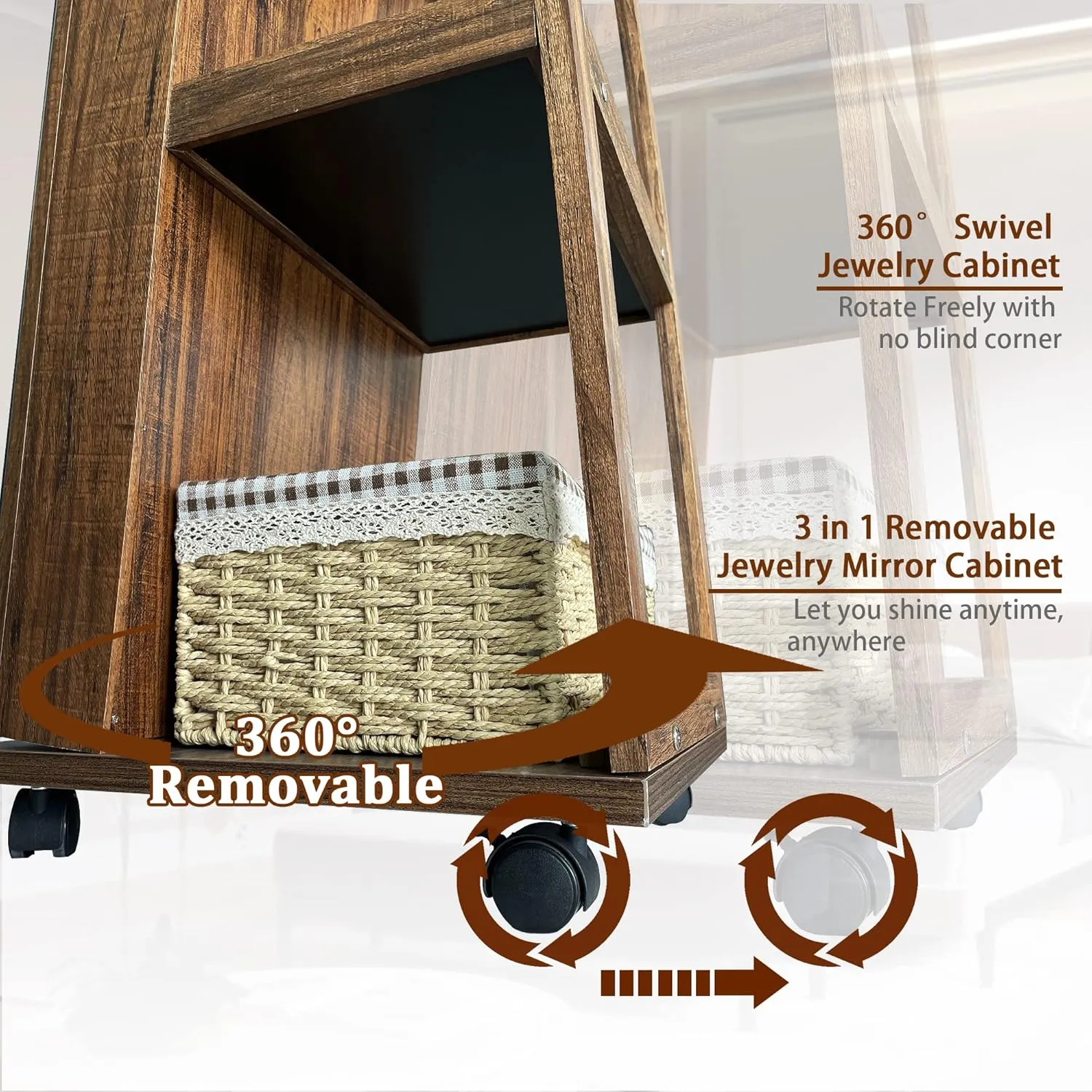 Lvifur 360 Rotating 64'' Jewelry Armoire with 6 LEDS, Full Length Mirror Large Capacity Jewelry Organizer Armoire, Lockable Floor Standing Mirror with 4 rollers for Bedroom, Cloakroom