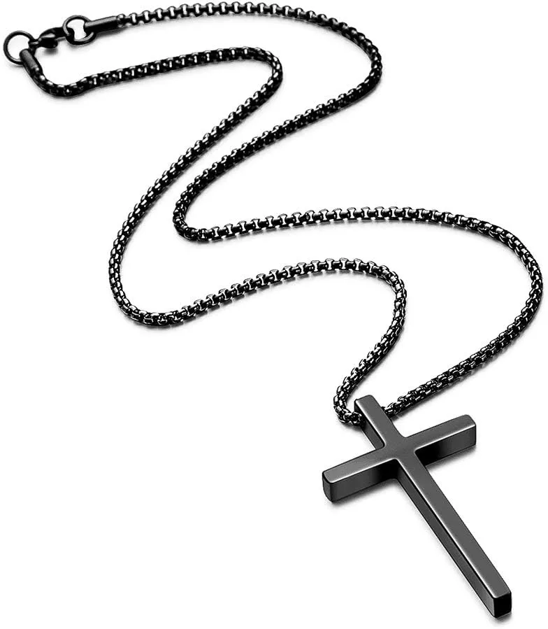 M MOOHAM Cross Necklace for Men, Silver Black Gold Stainless Steel Plain Cross Pendant Necklace for Men Box Chain 16-30 Inch