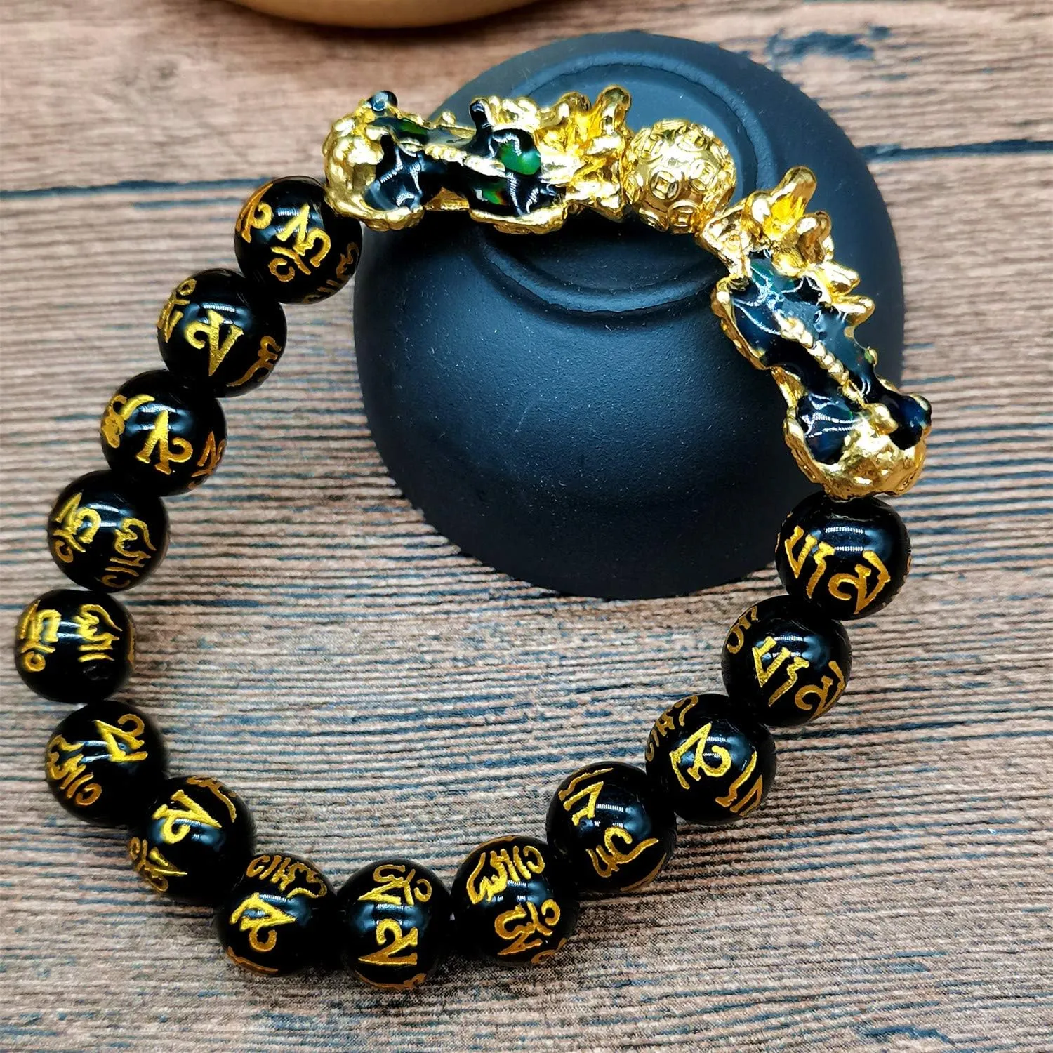 MANRUO Feng Shui Black Obsidian Wealth Bracelet Color Changed Pi Xiu Bracelets Dragon Mantra Bead Bangle Attract Wealth and Good Luck for Men/Women