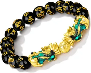 MANRUO Feng Shui Black Obsidian Wealth Bracelet Color Changed Pi Xiu Bracelets Dragon Mantra Bead Bangle Attract Wealth and Good Luck for Men/Women