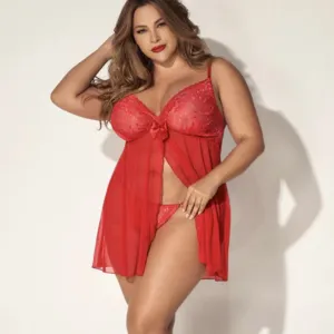 Mapale Lace and Sheer Mesh Babydoll 7501 in Red