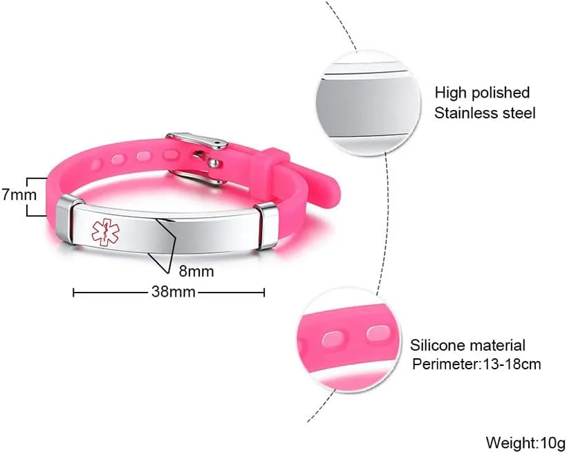 MEALGUET Medical Alert id Bracelets for Kid, Customized Children Silicone & Stainless Steel Adjustable Medical ID Wristband for Toddler,Child,daughter,son, safety ID Bracelet