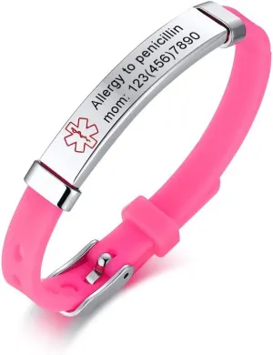 MEALGUET Medical Alert id Bracelets for Kid, Customized Children Silicone & Stainless Steel Adjustable Medical ID Wristband for Toddler,Child,daughter,son, safety ID Bracelet