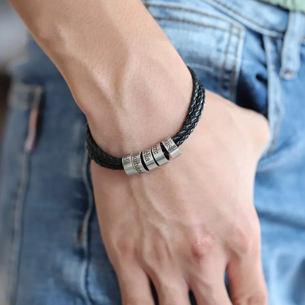 Mens Leather Bracelets with 1-8 Engraved Beads Name, Custom Name Braid Bracelet Personalized Men's ID Bracelet for Dad, Grandpa
