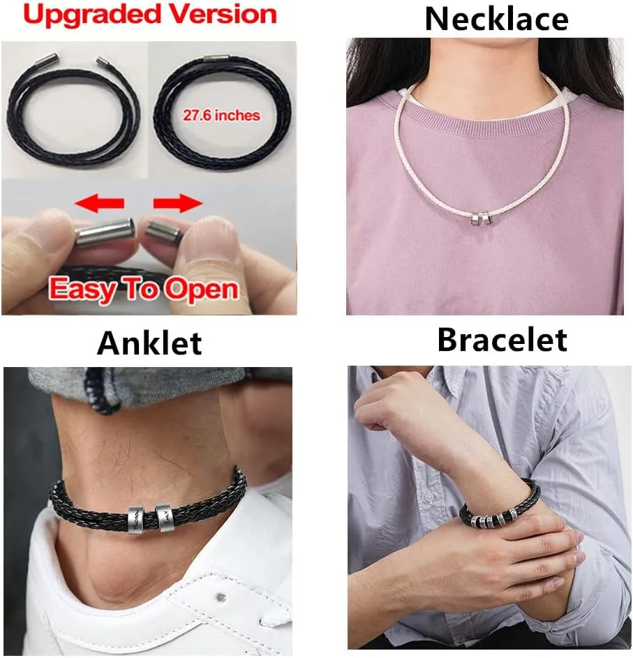 Mens Leather Bracelets with 1-8 Engraved Beads Name, Custom Name Braid Bracelet Personalized Men's ID Bracelet for Dad, Grandpa
