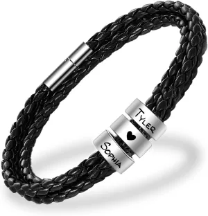 Mens Leather Bracelets with 1-8 Engraved Beads Name, Custom Name Braid Bracelet Personalized Men's ID Bracelet for Dad, Grandpa
