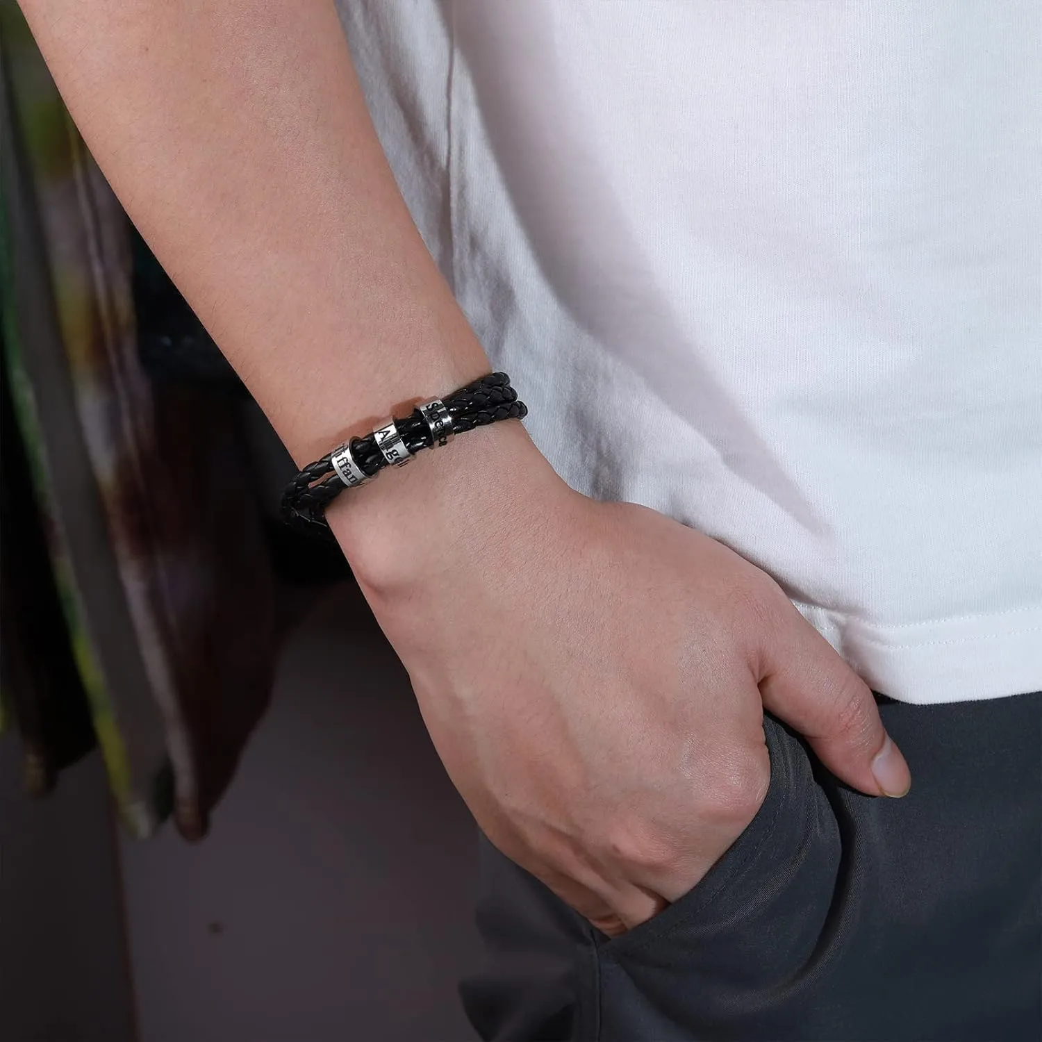 Mens Leather Bracelets with 1-8 Engraved Beads Name, Custom Name Braid Bracelet Personalized Men's ID Bracelet for Dad, Grandpa
