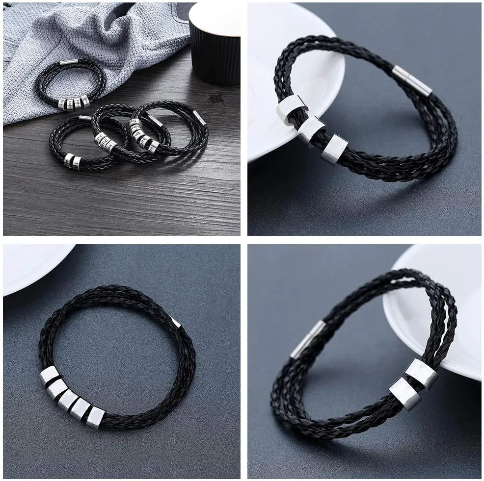 Mens Leather Bracelets with 1-8 Engraved Beads Name, Custom Name Braid Bracelet Personalized Men's ID Bracelet for Dad, Grandpa